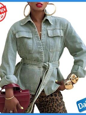 Denim Jacket with Waist Belt Long Sleeve Casual Coat Pockets Stand Collar